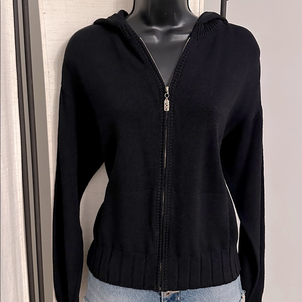 St. John Sport by Marie Gray Black Zip-Up Knit Hoodie Sweater Top M